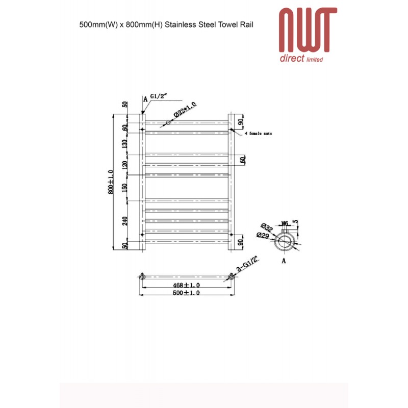 500mm (w) x 800mm (h) Electric Brushed Stainless Steel Towel Rail (Single Heat or Thermostatic Option)