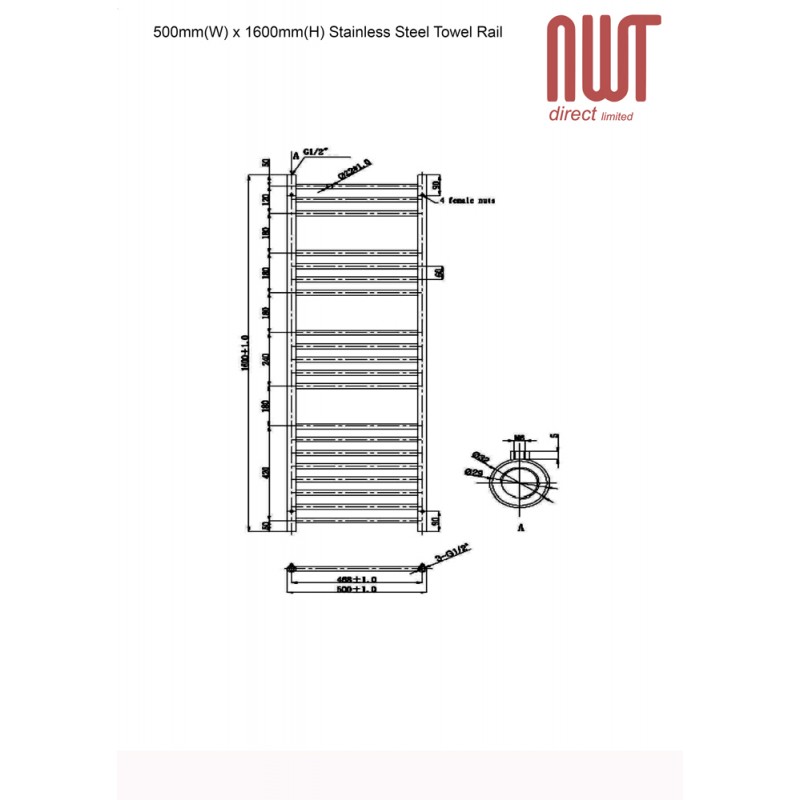 500mm (w) x 1600mm (h) Electric Brushed Stainless Steel Towel Rail (Single Heat or Thermostatic Option)