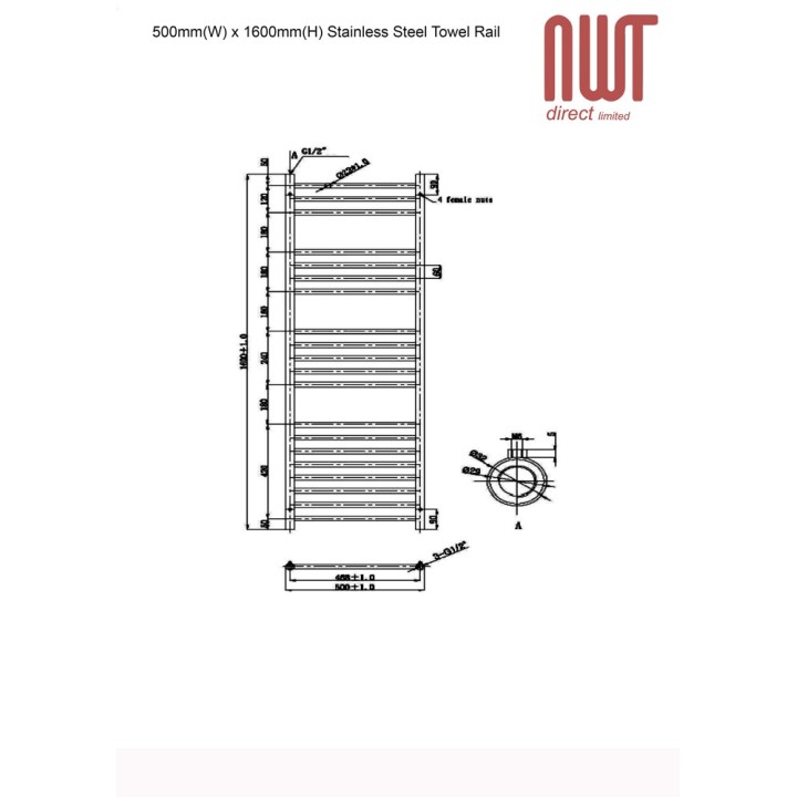 500mm (w) x 1600mm (h) Electric Brushed Stainless Steel Towel Rail (Single Heat or Thermostatic Option)