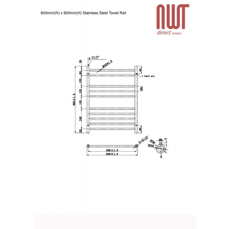 600mm (w) x 800mm (h) Electric Brushed Stainless Steel Towel Rail (Single Heat or Thermostatic Option)
