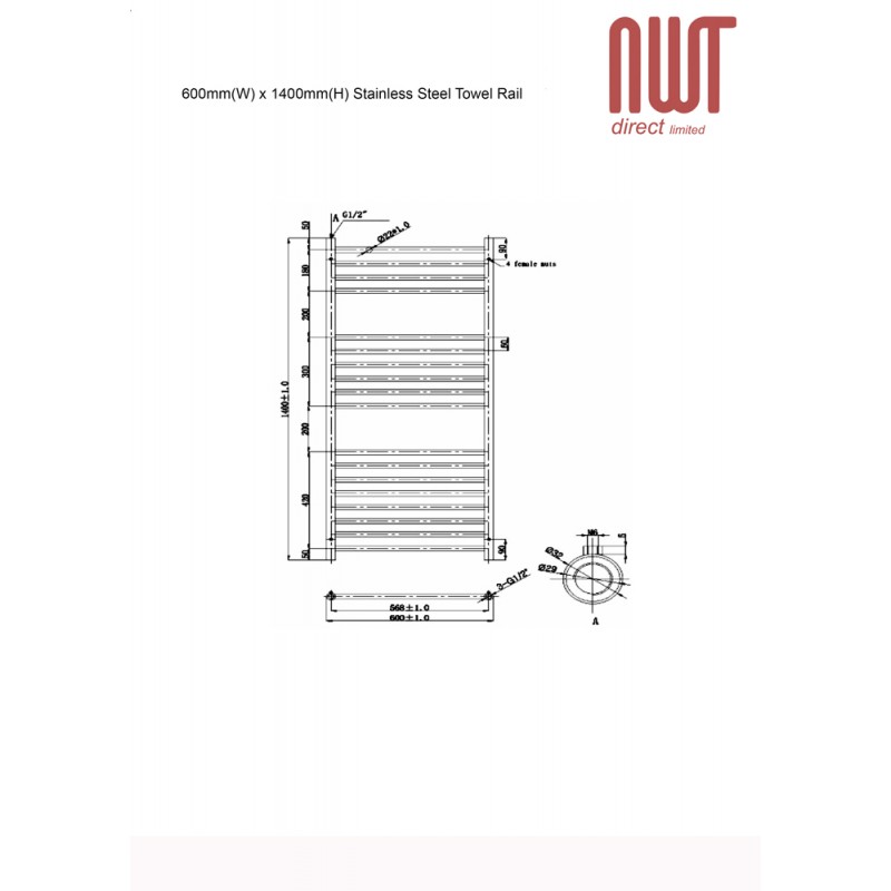600mm (w) x 1400mm (h) Electric Brushed Stainless Steel Towel Rail (Single Heat or Thermostatic Option)