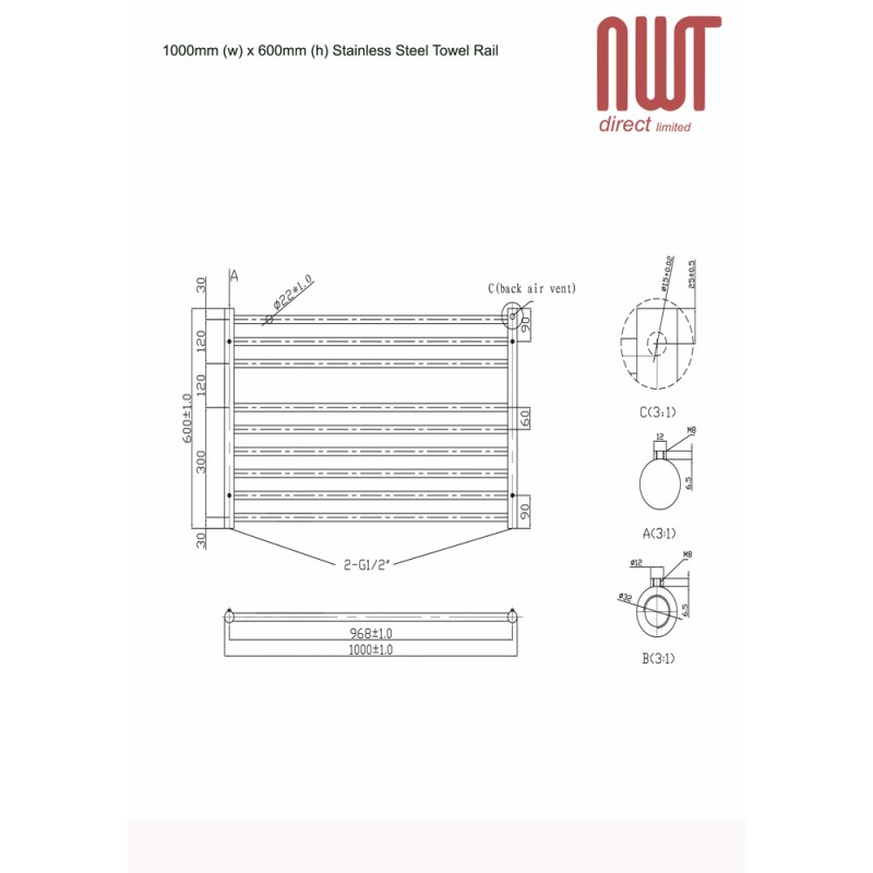 1000mm (w) x 600mm (h) Electric Brushed Stainless Steel Heated Towel Rail (Single Heat or Thermostatic Option)