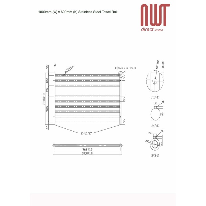 1000mm (w) x 600mm (h) Electric Brushed Stainless Steel Heated Towel Rail (Single Heat or Thermostatic Option)