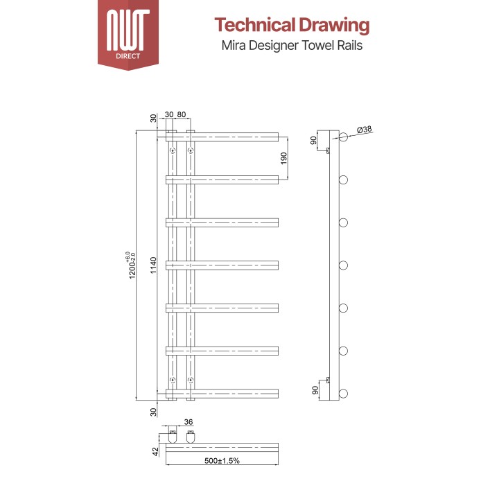 500mm (w) x 1200mm (h) Mira Chrome Electric Towel Rails