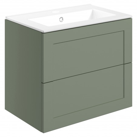 Kensworth 615mm Wall Hung 2 Drawer Basin Unit & Basin - Matt Reed Green