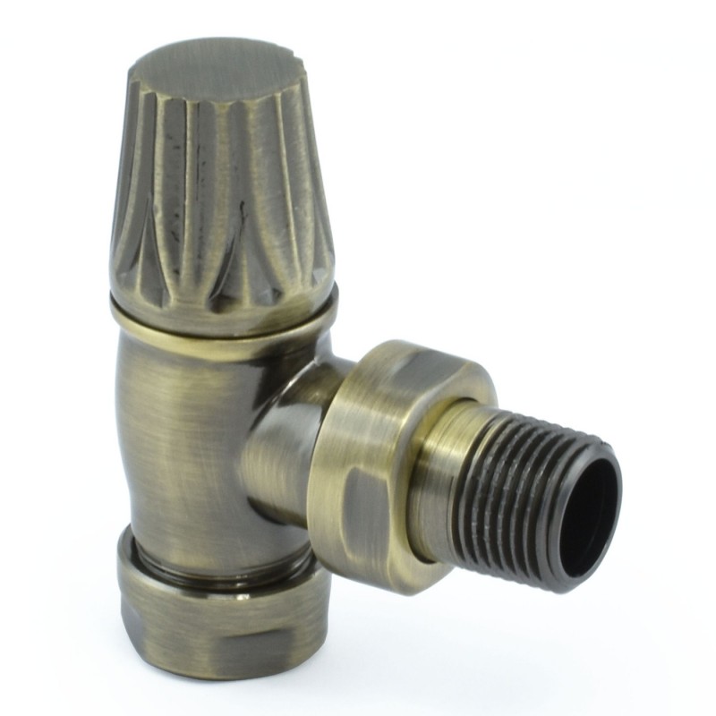 Traditional Gothic Styled Angled Thermostatic Radiator Valves - Antique Brass