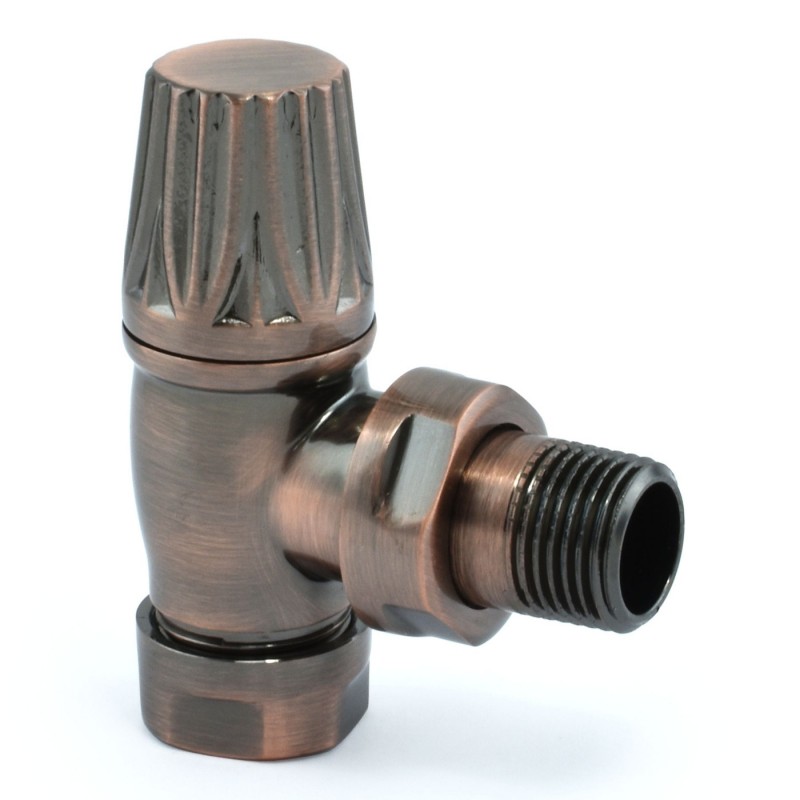 Traditional Gothic Styled Angled Thermostatic Radiator Valves - Antique Copper