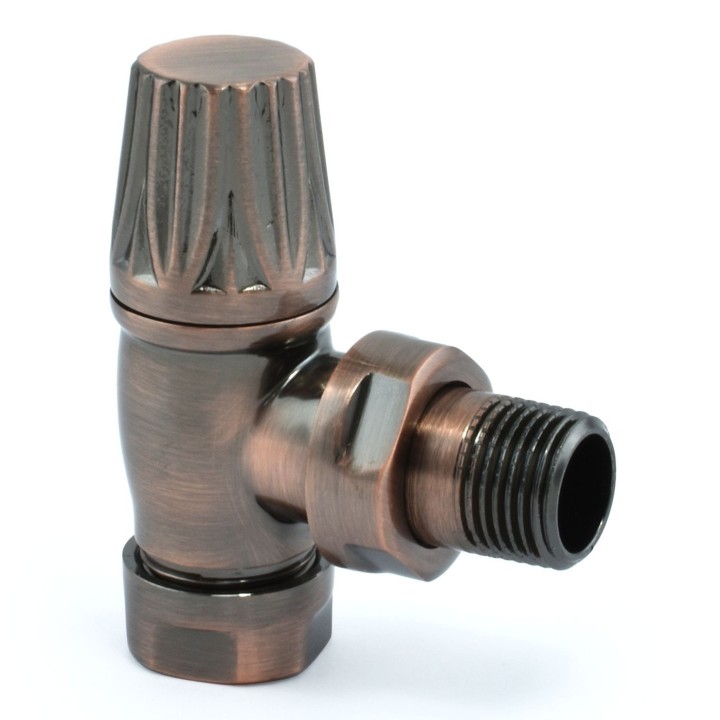 Traditional Gothic Styled Angled Thermostatic Radiator Valves - Antique Copper