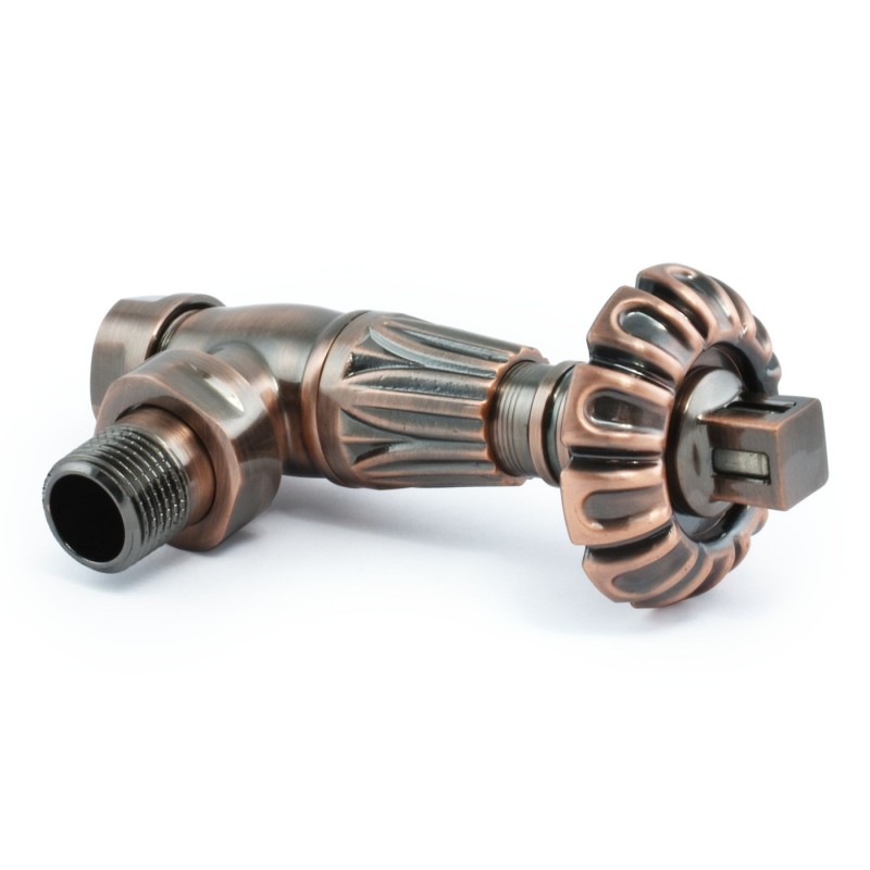 Traditional Gothic Styled Angled Thermostatic Radiator Valves - Antique Copper