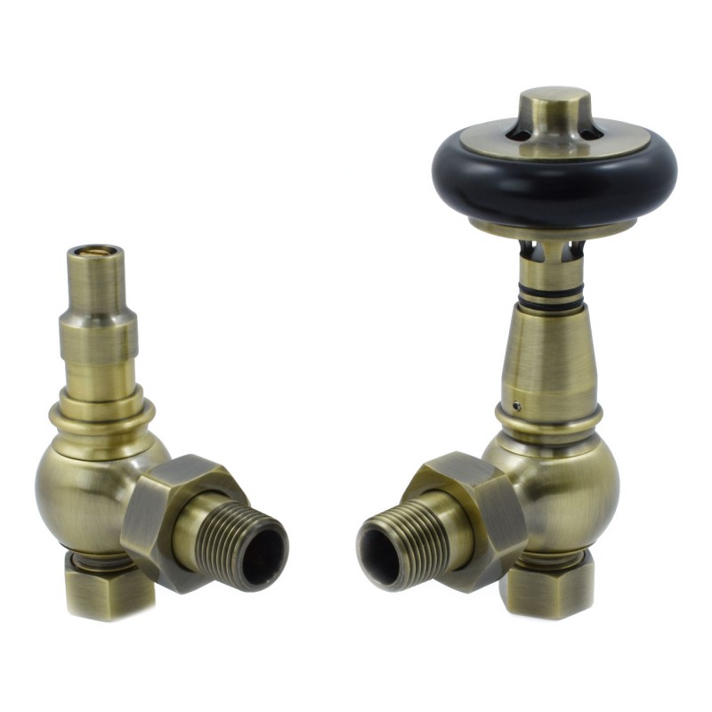 Traditional Angled Thermostatic Radiator Valves Wooden Handle - Antique Brass