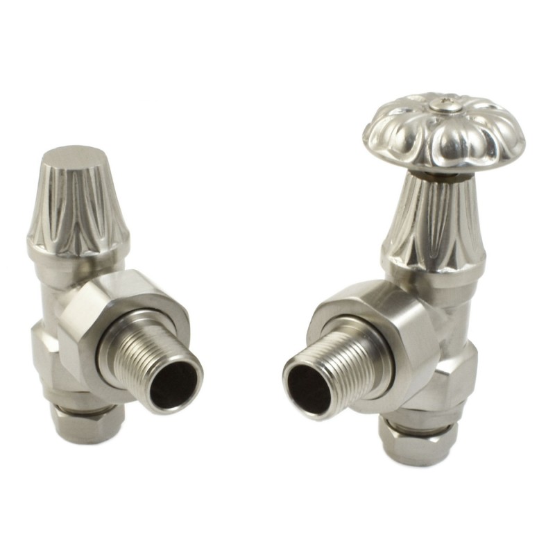 Traditional Umbrella Styled Angled Manual Radiator Valves - Brushed Nickel