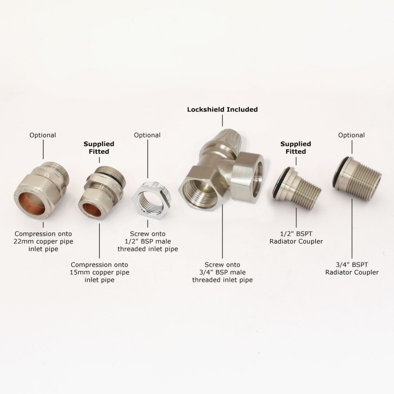 Traditional Umbrella Styled Angled Manual Radiator Valves - Brushed Nickel