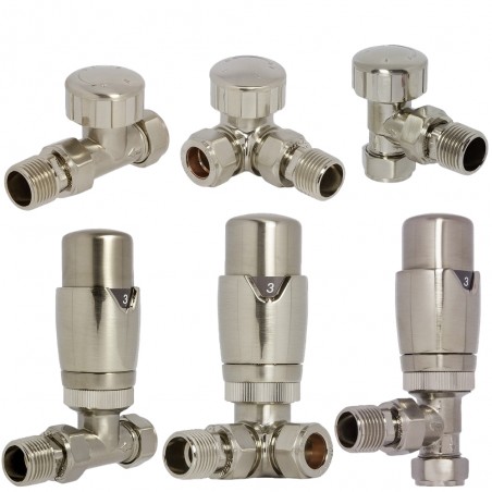 Brushed Nickel Thermostatic Valves for Radiators & Towel Rails (Pair of Angled, Straight or Corner)