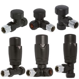 Black Thermostatic Valves for Radiators & Towel Rails (Pair of Angled, Straight or Corner)