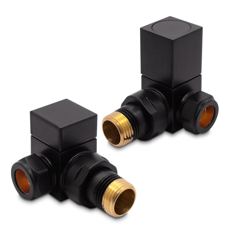 Corner Black "Square" Valves for Radiators & Towel Rails (Pair)