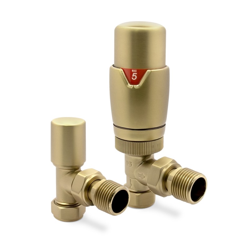 Angled Brushed Brass Thermostatic Radiator Valves