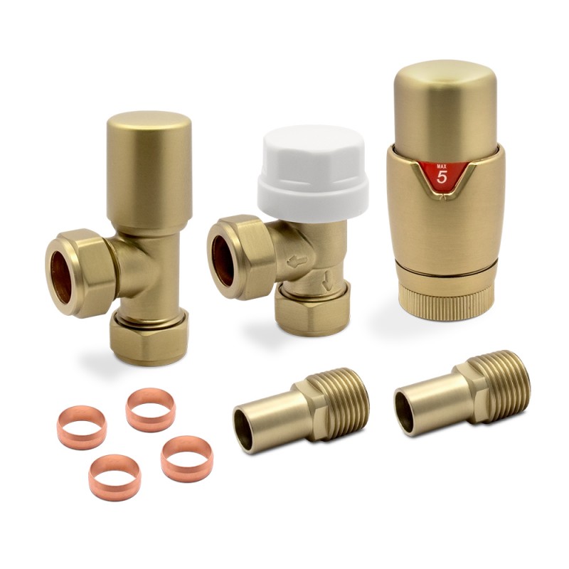 Angled Brushed Brass Thermostatic Radiator Valves - Components