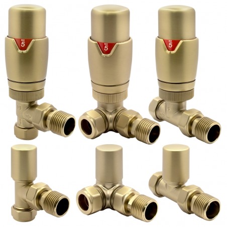 Brushed Brass Thermostatic Valves for Radiators & Towel Rails (Pair of Angled, Straight or Corner)