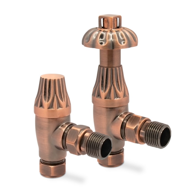 Mason Angled Traditional Thermostatic Valves for Radiators - Antique Copper