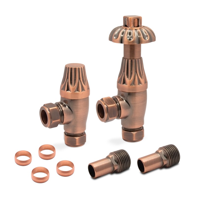 Mason Angled Traditional Thermostatic Valves for Radiators - Antique Copper