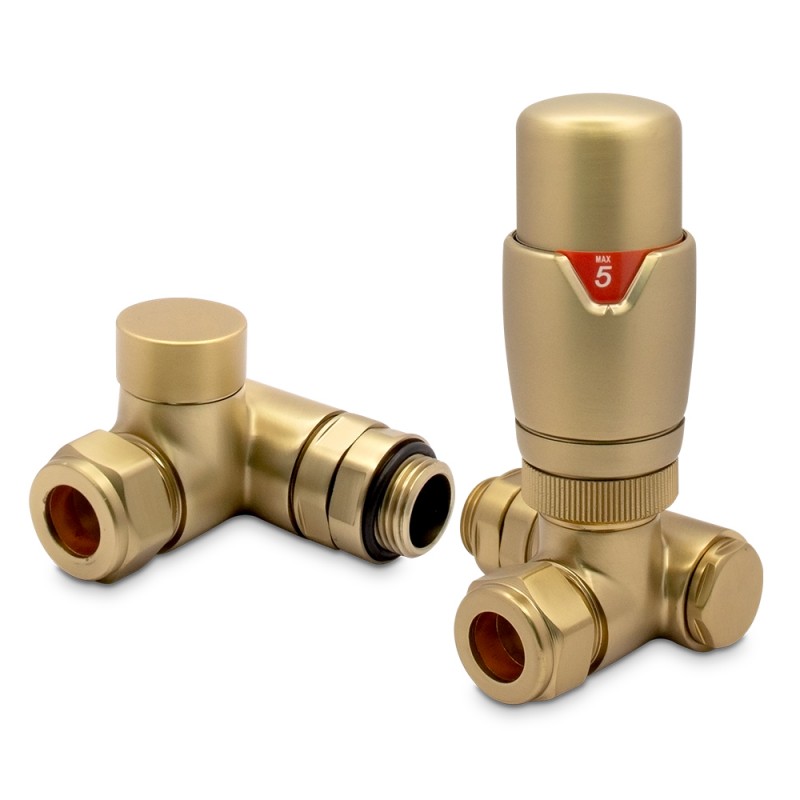 Brushed Brass Thermostatic Dual Fuel Valve Set for Radiators & Towel Rails (Pair)