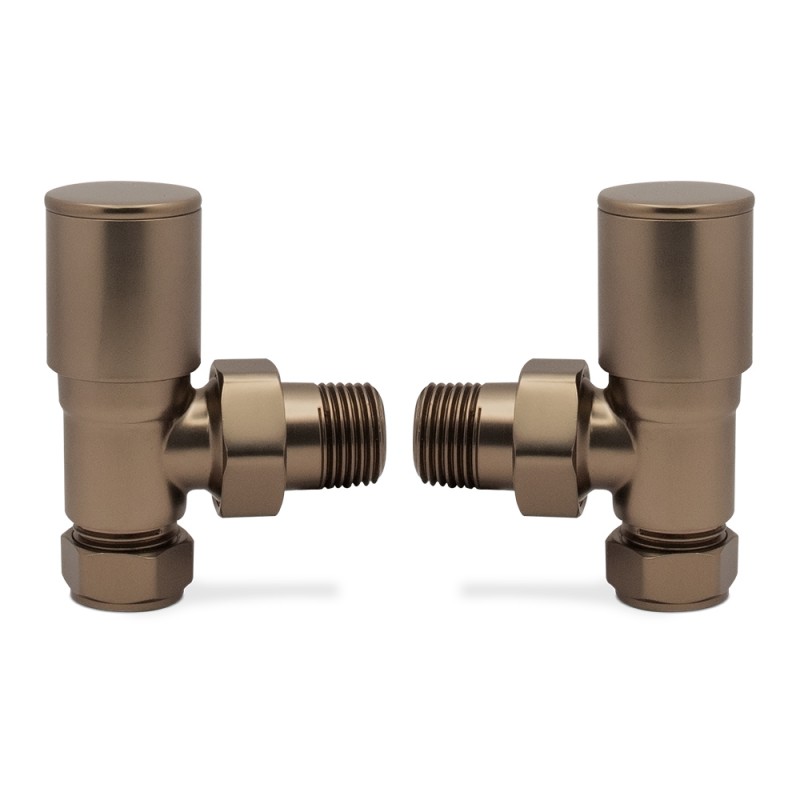 Angled Brushed Bronze Valves for Radiators & Towel Rails (Pair) - Front On