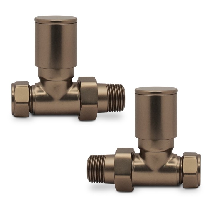 Straight Brushed Bronze Valves for Radiators & Towel Rails (Pair) - Front On