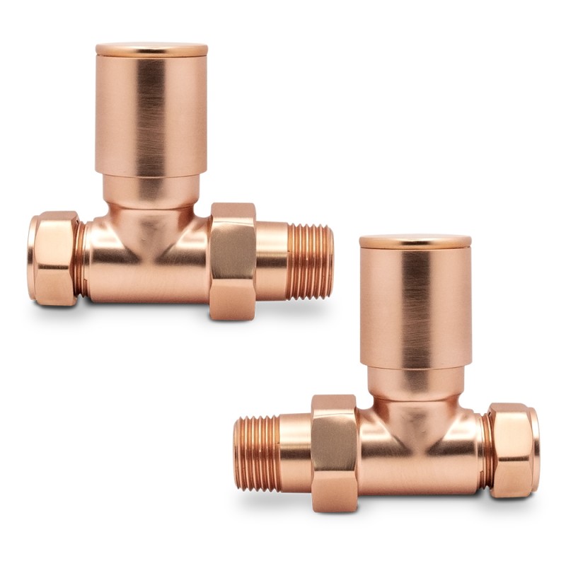 Straight Brushed Copper Valves for Radiators & Towel Rails (Pair) - Front On