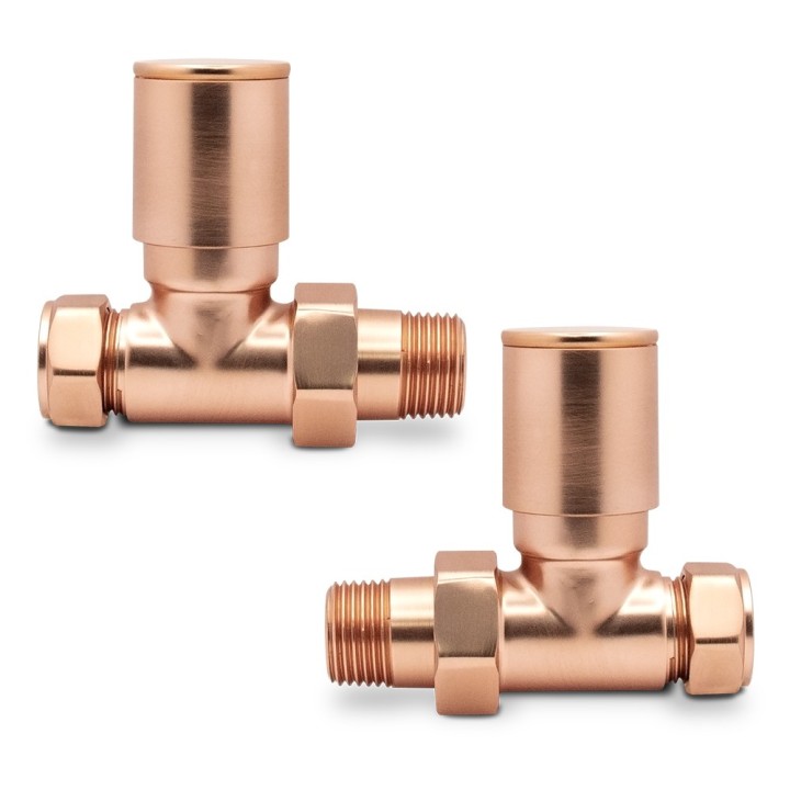 Straight Brushed Copper Valves for Radiators & Towel Rails (Pair) - Front On