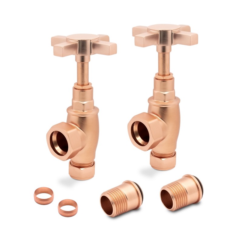 Angled Brushed Copper "Cross Head" Traditional Valves for Radiators & Towel Rails (Pair) Components