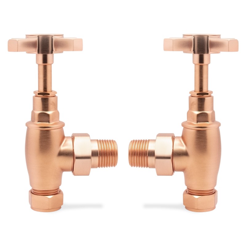 Angled Brushed Copper "Cross Head" Traditional Valves for Radiators & Towel Rails (Pair)