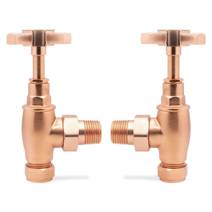 Angled Brushed Copper "Cross Head" Traditional Valves for Radiators & Towel Rails (Pair)
