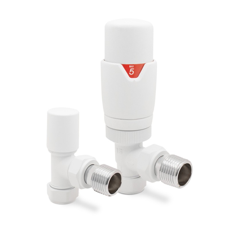 Angled Matt White Thermostatic Valves for Radiators & Towel Rails