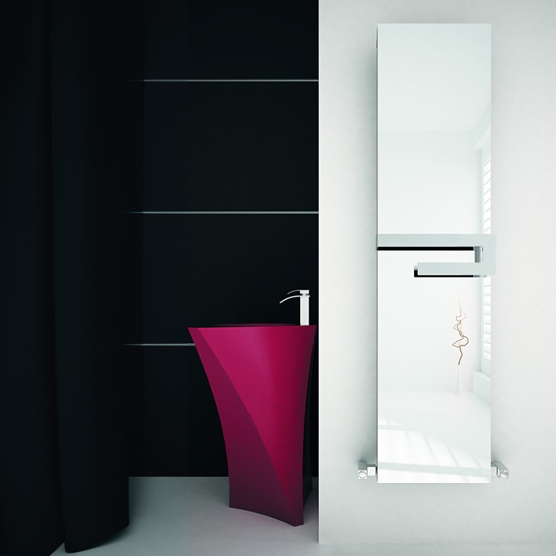 370mm (w) x 1800mm (h) Carisa "Elvino Bath Mirror" Textured White Aluminium Designer Mirror Radiator & Towel Bar