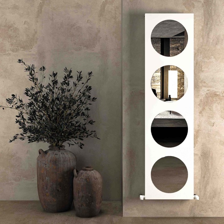 470mm (w) x 1800mm (h) Carisa Circles Textured White Aluminium Designer Vertical Mirror Radiator
