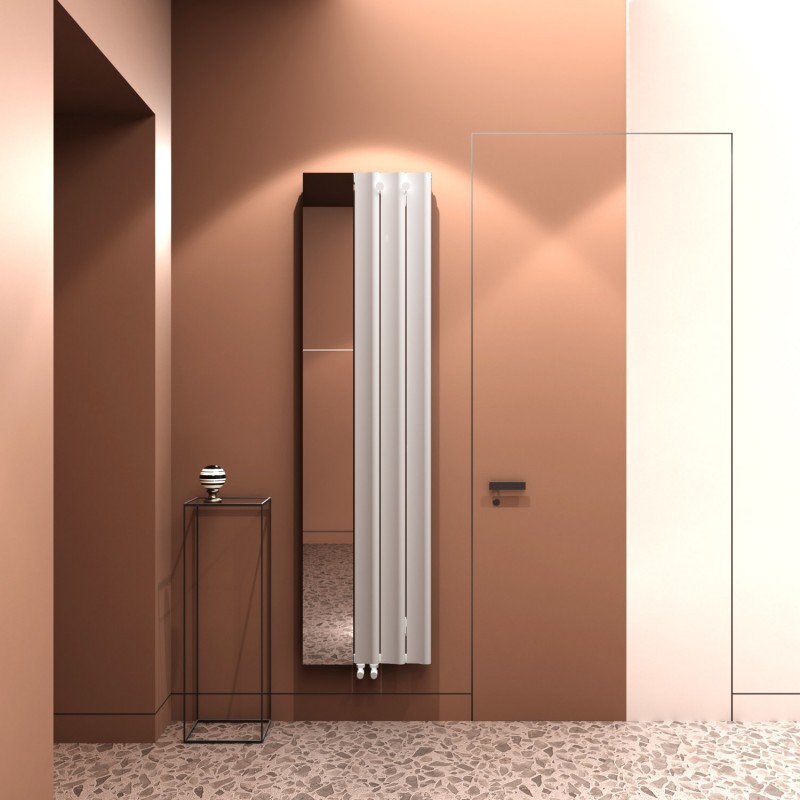 470mm (w) x 1800mm (h) Carisa "Entree" Textured White Aluminium Designer Vertical Mirror Radiator