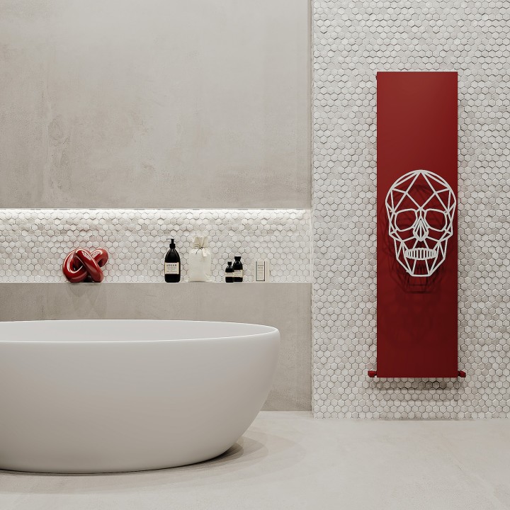 470mm (w) x 1800mm (h) Carisa Skully Textured Red and White Aluminium Designer Vertical Radiator