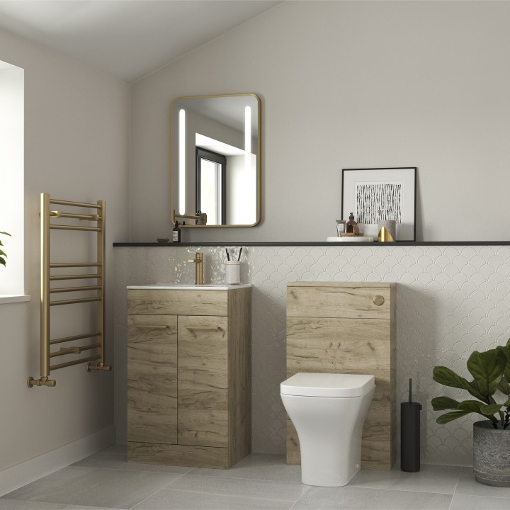 Naha 510mm F/S Furniture Pack - Grey Gloss w/Brushed Brass Finishes - Insitu