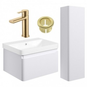 Ares 600mm Basin Unit & Tall Unit Pack - Matt White w/Brushed Brass Finishes