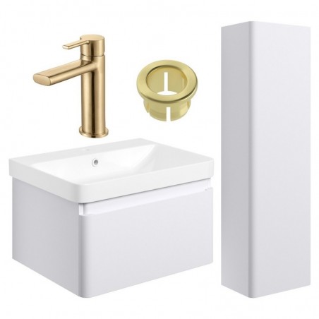 Ares 600mm Basin Unit & Tall Unit Pack - Matt White w/Brushed Brass Finishes