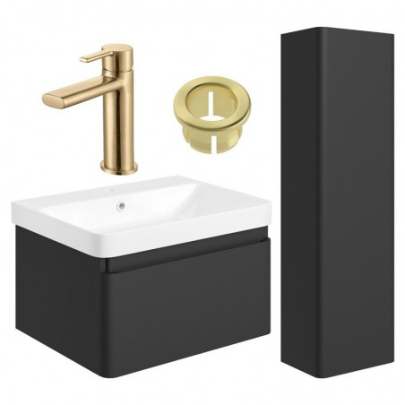 Ares 600mm Basin Unit & Tall Unit Pack - Matt Black w/Brushed Brass Finishes