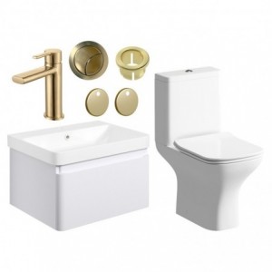 Ares 600mm Basin Unit & Close Coupled WC Pack - Matt White w/Brushed Brass Finishes