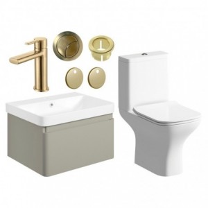 Ares 600mm Basin Unit & Close Coupled WC Pack - Matt Latte w/Brushed Brass Finishes