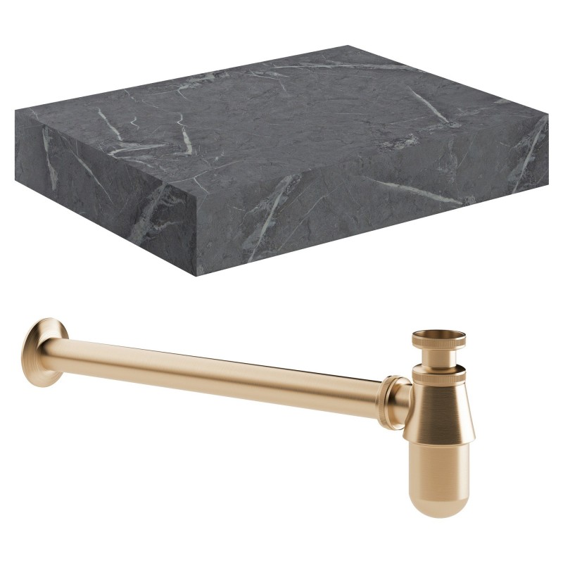 Kenzo 600mm Wall Hung Grey Marble Basin Shelf & Brushed Bronze Bottle Trap