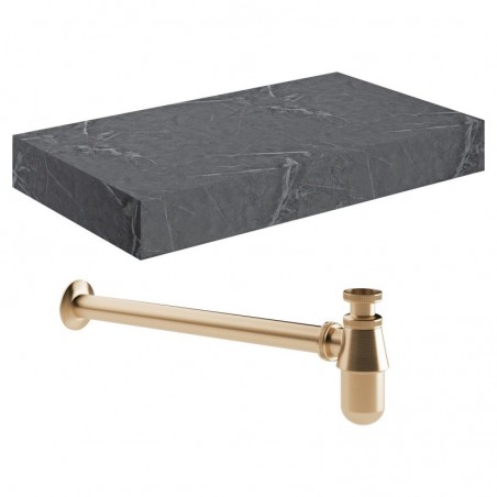 Kenzo 800mm Wall Hung Grey Marble Basin Shelf & Brushed Bronze Bottle Trap