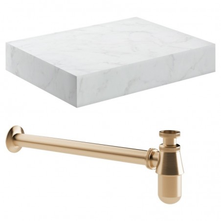 Kenzo 600mm Wall Hung White Marble Basin Shelf & Brushed Bronze Bottle Trap