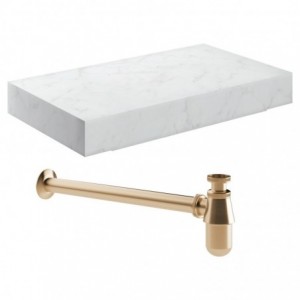 Kenzo 800mm Wall Hung White Marble Basin Shelf & Brushed Bronze Bottle Trap