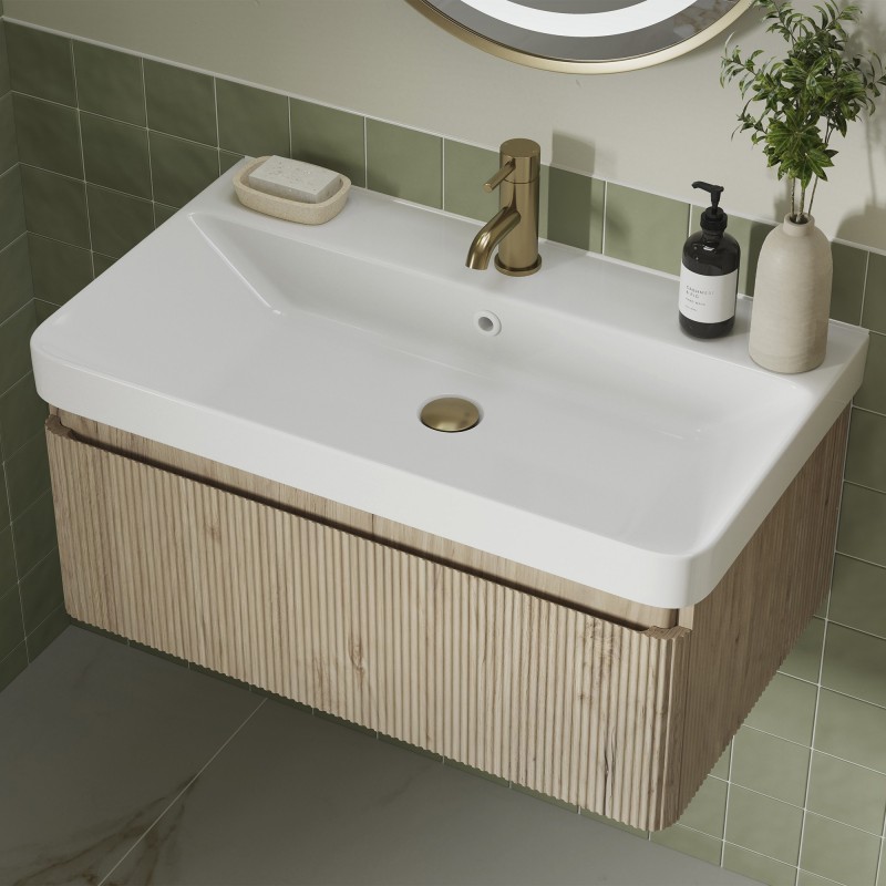 Hades 500mm Wall Hung 1 Drawer Basin Unit & Basin - Textured Oak - Insitu