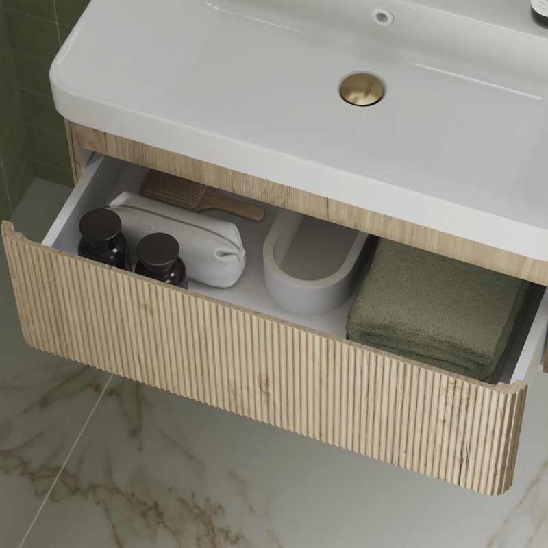 Hades 500mm Wall Hung 1 Drawer Basin Unit & Basin - Textured Oak - Insitu