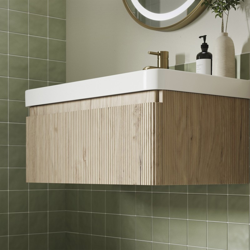 Hades 605mm Wall Hung 1 Drawer Basin Unit & Basin - Textured Oak - Insitu